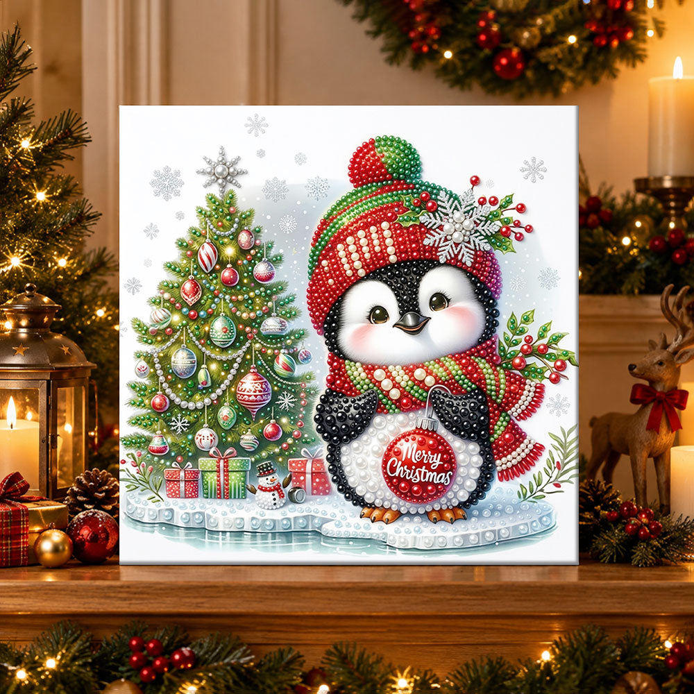 Finished cute penguin christmas scene pearl diamond painting artwork displayed as holiday home decor