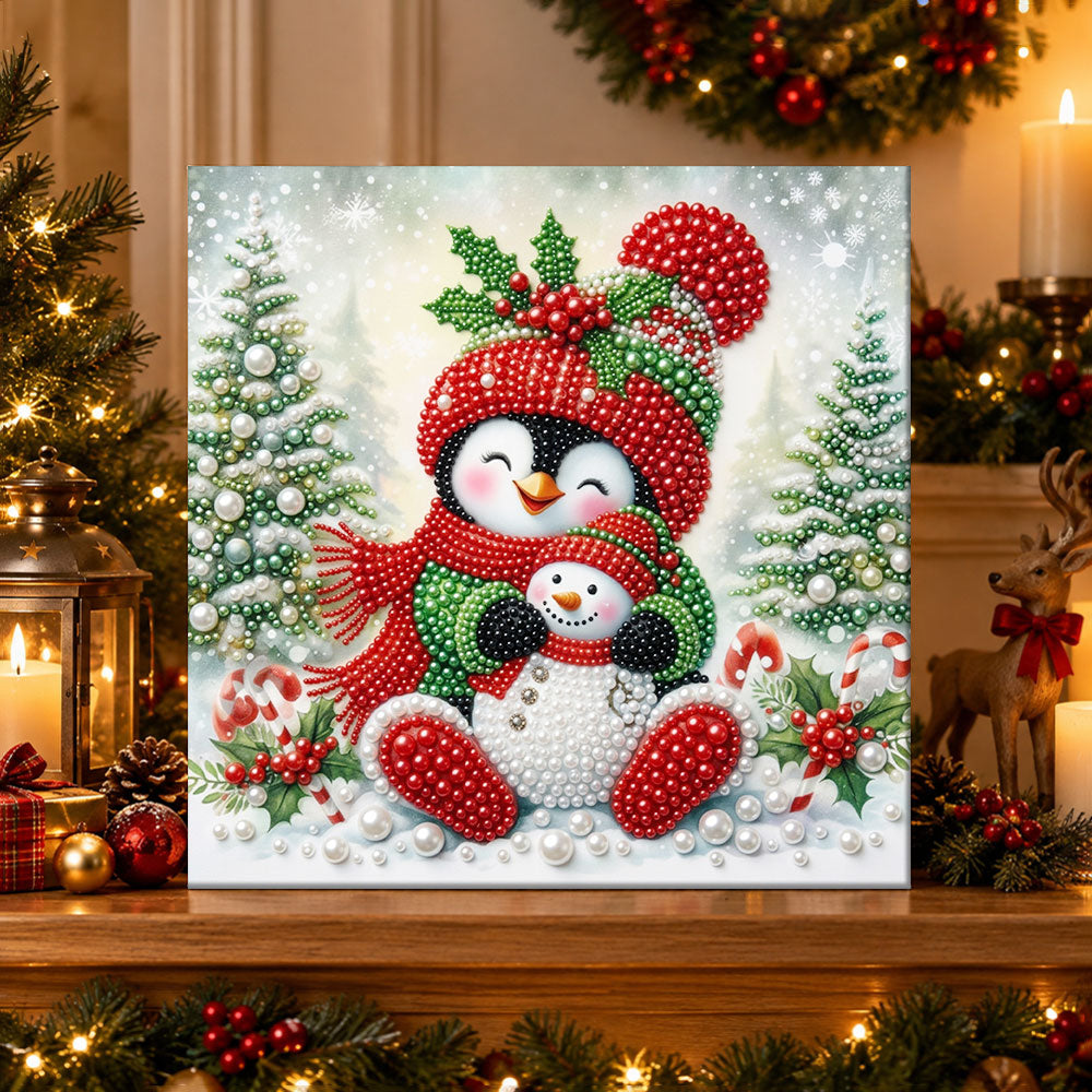 Finished cute penguin hugging little snowman pearl diamond painting artwork displayed as holiday home decor