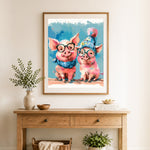 Finished cute pig duo in winter outfits cross stitch artwork displayed as home decor