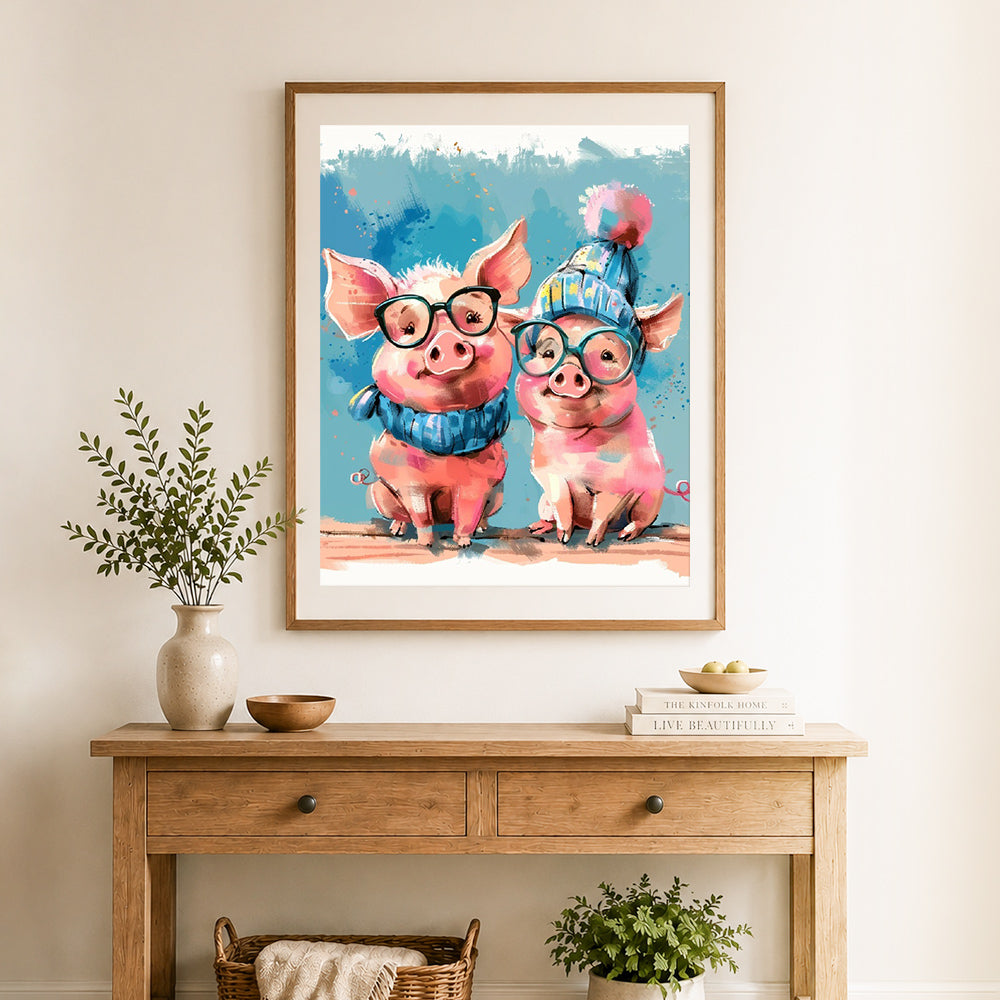 Finished cute pig duo in winter outfits cross stitch artwork displayed as home decor