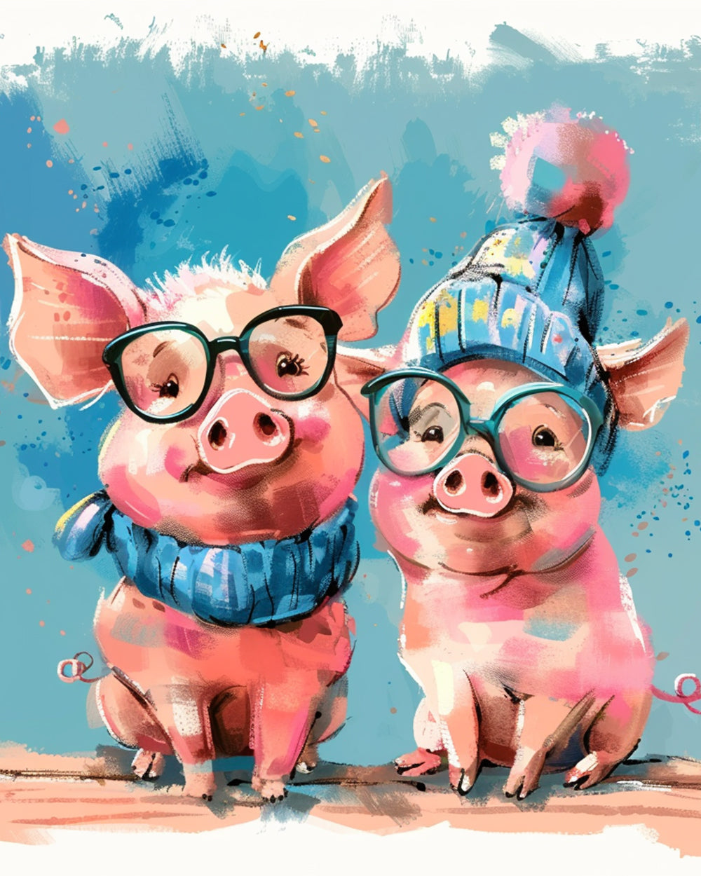 Cute pig duo in winter outfits cross stitch kit for beginners