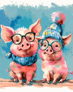 Cute pig duo in winter outfits cross stitch kit for beginners
