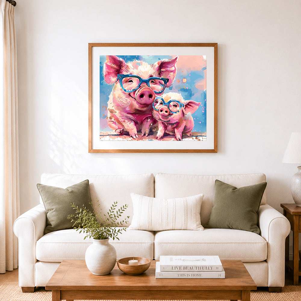 Finished cute pig duo with blue glasses cross stitch artwork displayed as home decor