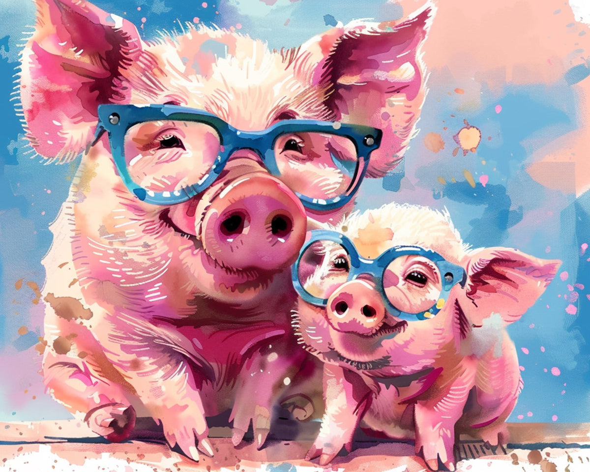 Cute pig duo with blue glasses cross stitch kit for beginners