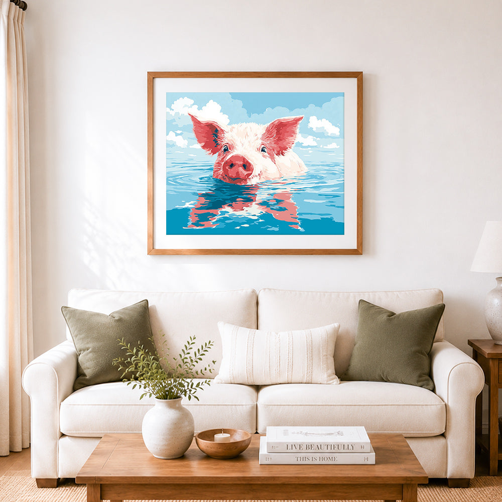 Finished cute piglet floating on water cross stitch artwork displayed as home decor