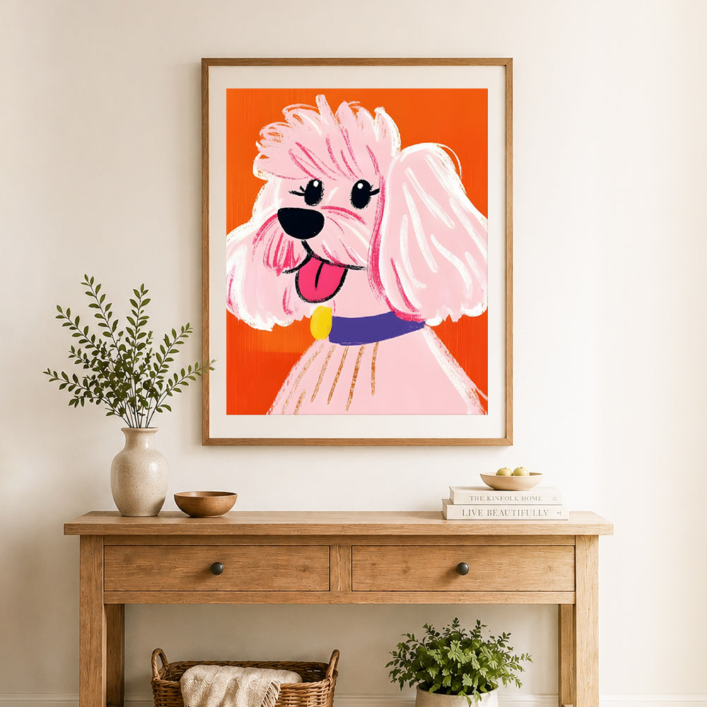 Finished cute pink poodle puppy cross stitch artwork displayed as home decor