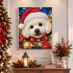 Finished cute poodle in santa hat pearl diamond painting artwork displayed as holiday home decor