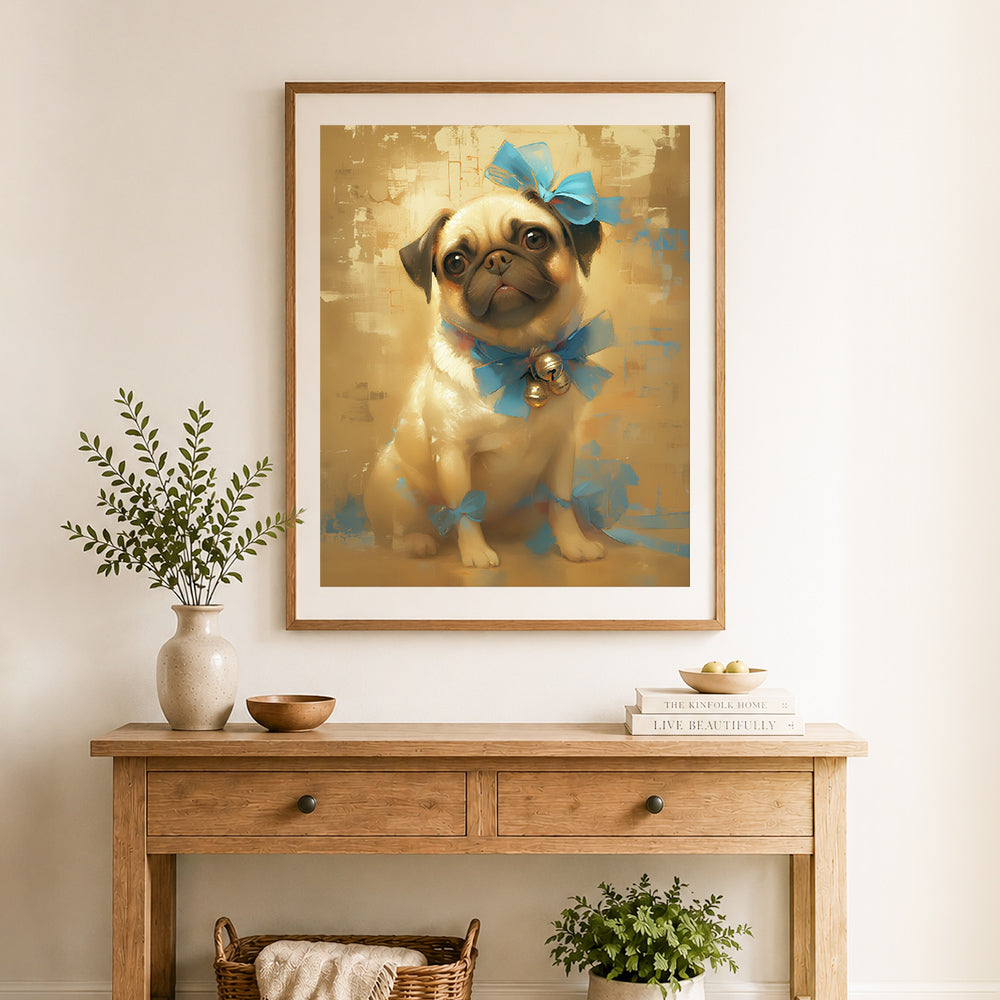 Finished cute pug with bows cross stitch artwork displayed as home decor