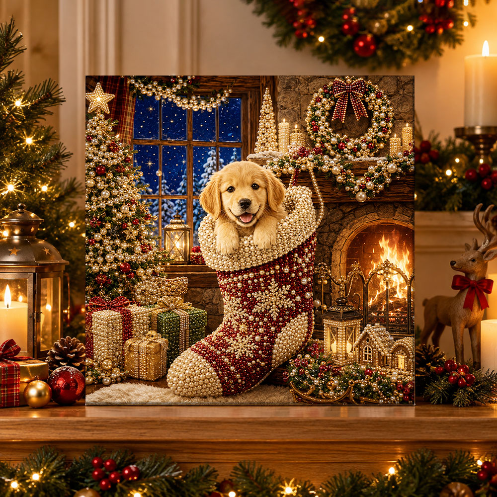 Finished cute puppy inside holiday stocking pearl diamond painting artwork displayed as holiday home decor