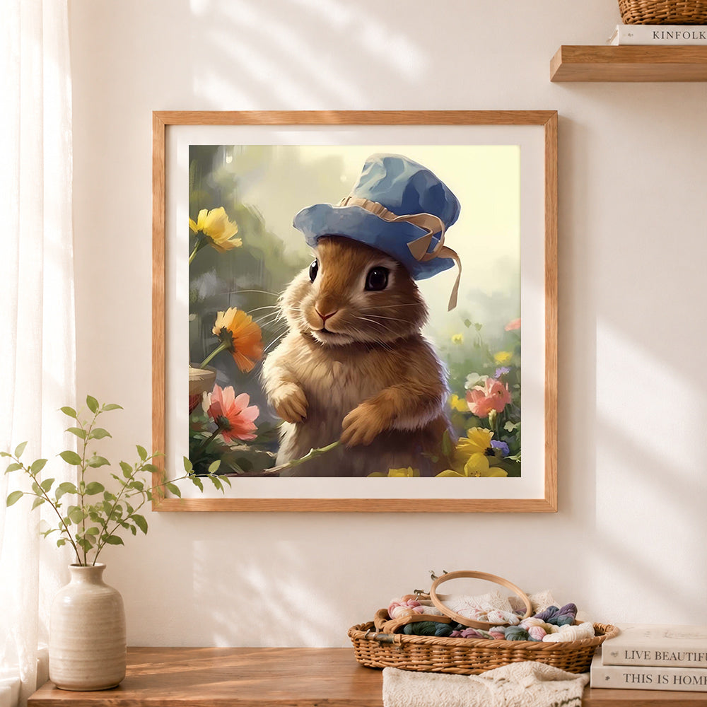 Finished cute rabbit with blue hat cross stitch artwork displayed as home decor