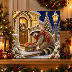 Finished cute raccoon with holiday present pearl diamond painting artwork displayed as holiday home decor