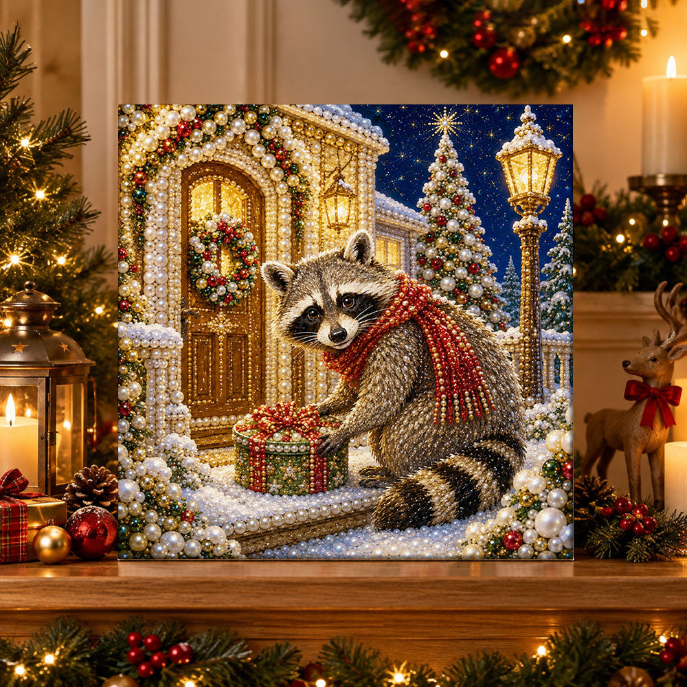 Finished cute raccoon with holiday present pearl diamond painting artwork displayed as holiday home decor