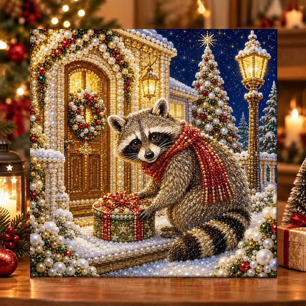 Cute raccoon with holiday present pearl diamond painting kit for beginners