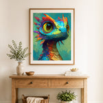 Finished cute rainbow baby dragon cross stitch artwork displayed as home decor