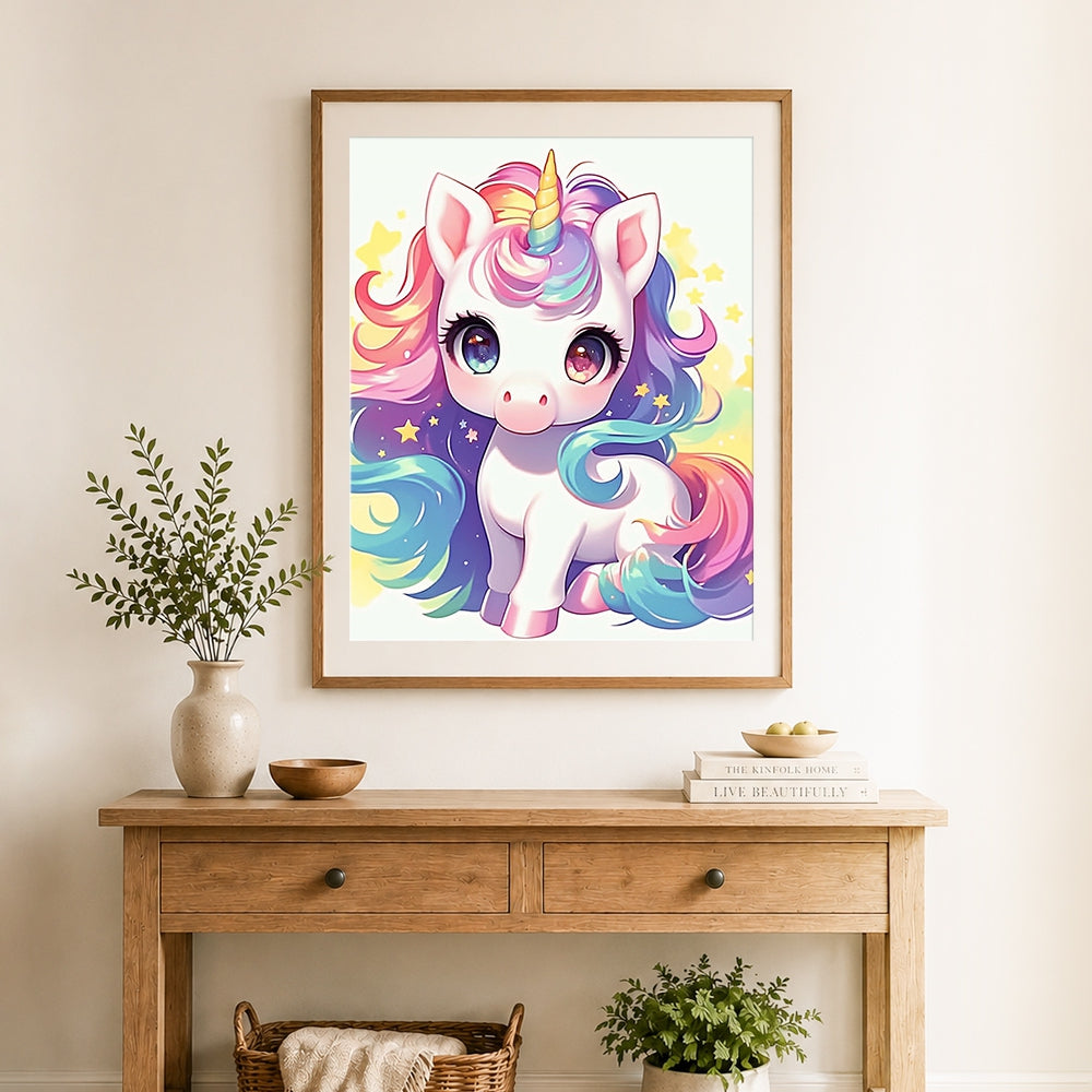 Finished cute rainbow unicorn cross stitch artwork displayed as home decor
