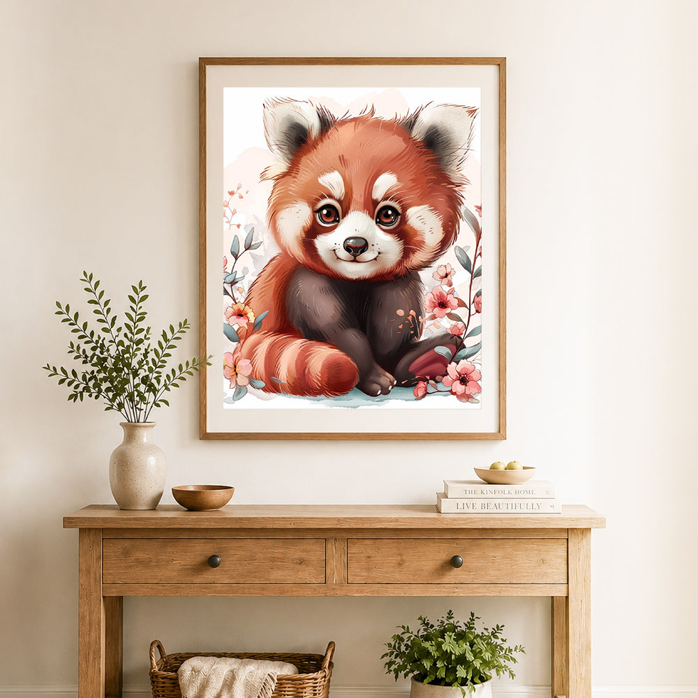 Finished cute red panda with florals cross stitch artwork displayed as home decor