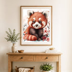 Finished cute red panda with florals cross stitch artwork displayed as home decor