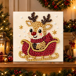 Finished cute reindeer on sleigh pearl diamond painting artwork displayed as holiday home decor