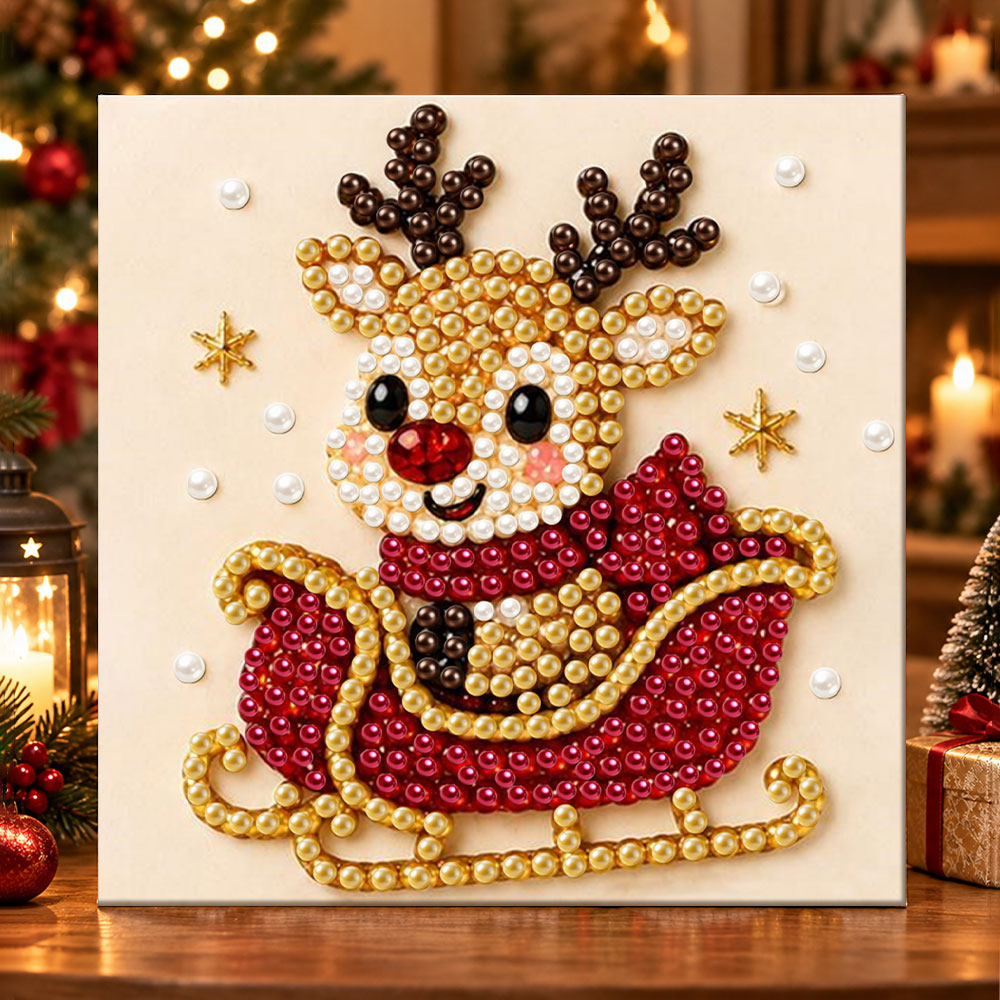 Cute reindeer on sleigh pearl diamond painting kit for beginners