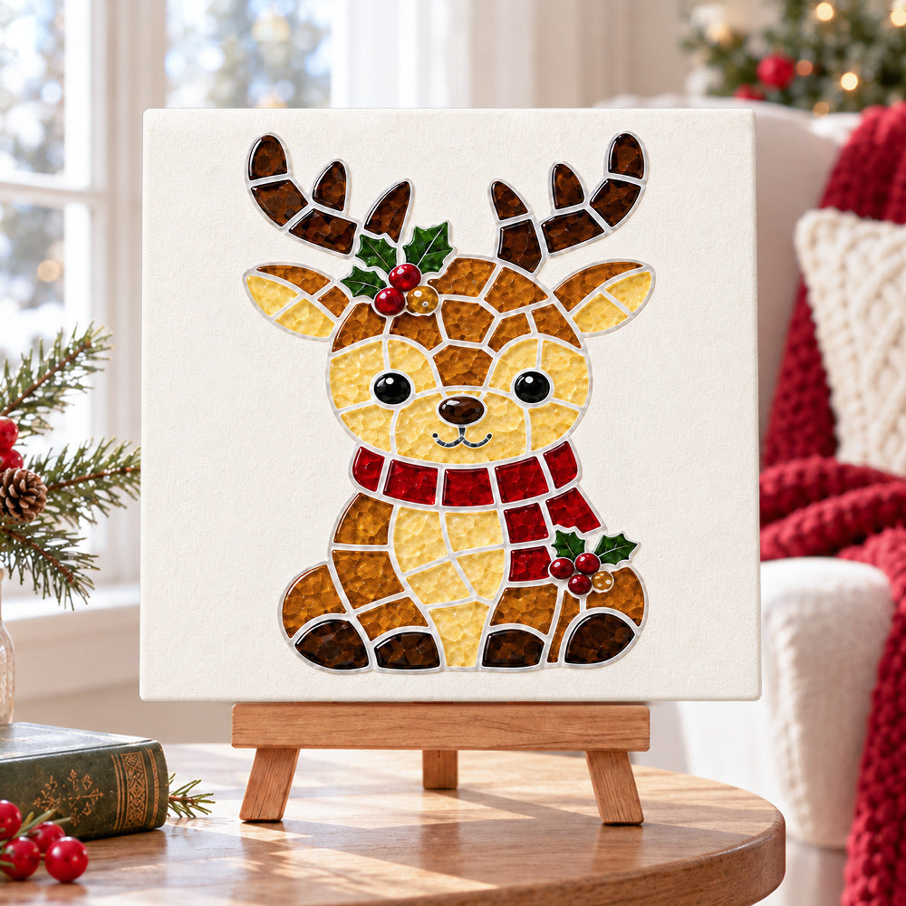 Cute reindeer sea glass art kit displayed as seasonal home decor