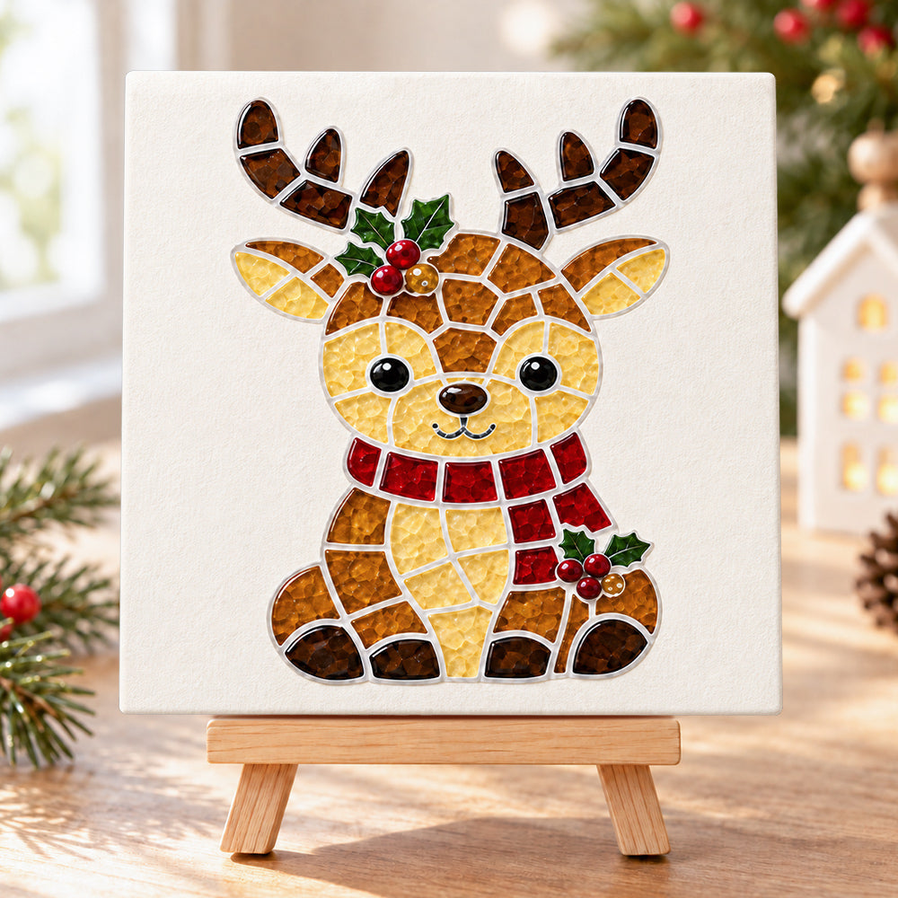 Cute reindeer sea glass art kit finished artwork on display
