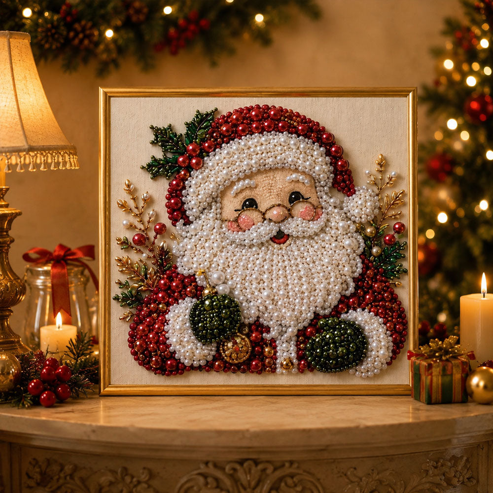 Finished cute santa face pearl diamond painting artwork displayed as holiday home decor