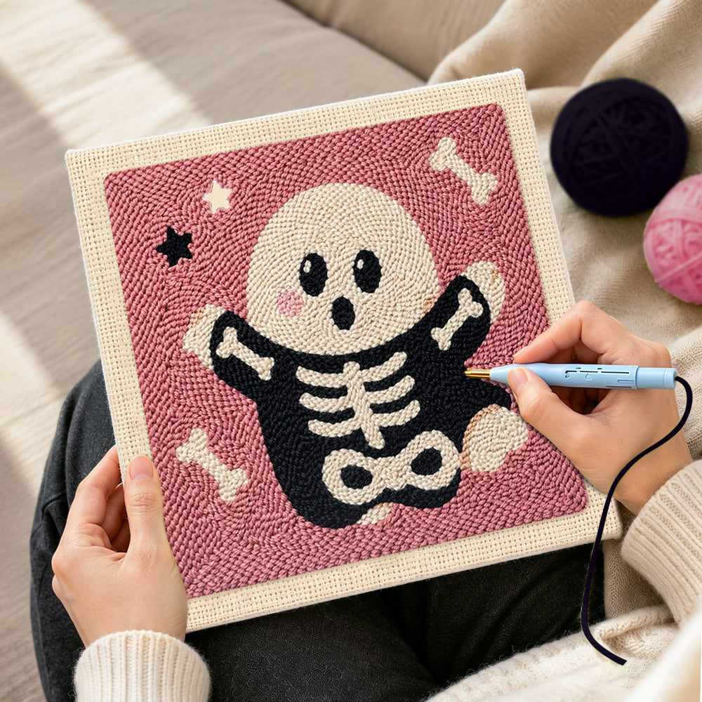 Creating handmade cute skeleton ghost punch needle artwork