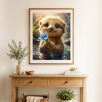 Finished cute sloth with blue flower cross stitch artwork displayed as home decor