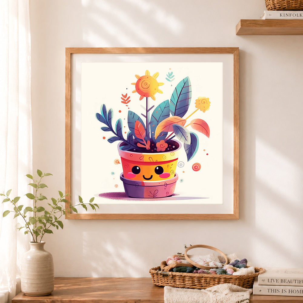 Finished cute smiley potted plant cross stitch artwork displayed as home decor
