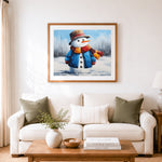 Finished cute snowman in blue coat and scarf cross stitch artwork displayed as home decor