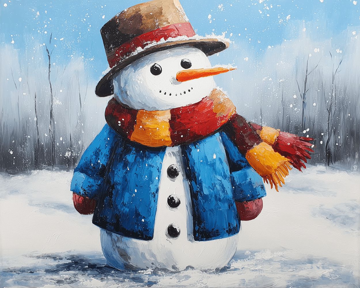 Cute snowman in blue coat and scarf cross stitch kit for beginners