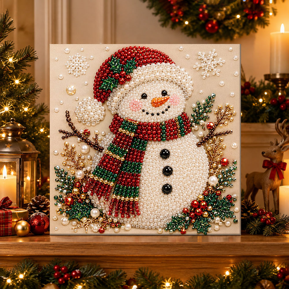 Finished cute snowman in winter pearl diamond painting artwork displayed as holiday home decor
