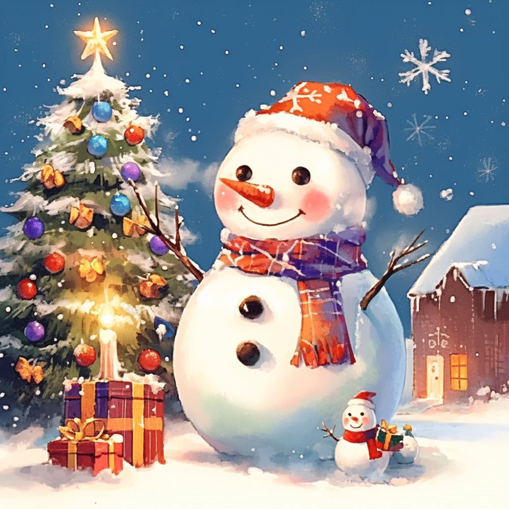 Cute snowman scene with xmas tree cross stitch kit for beginners