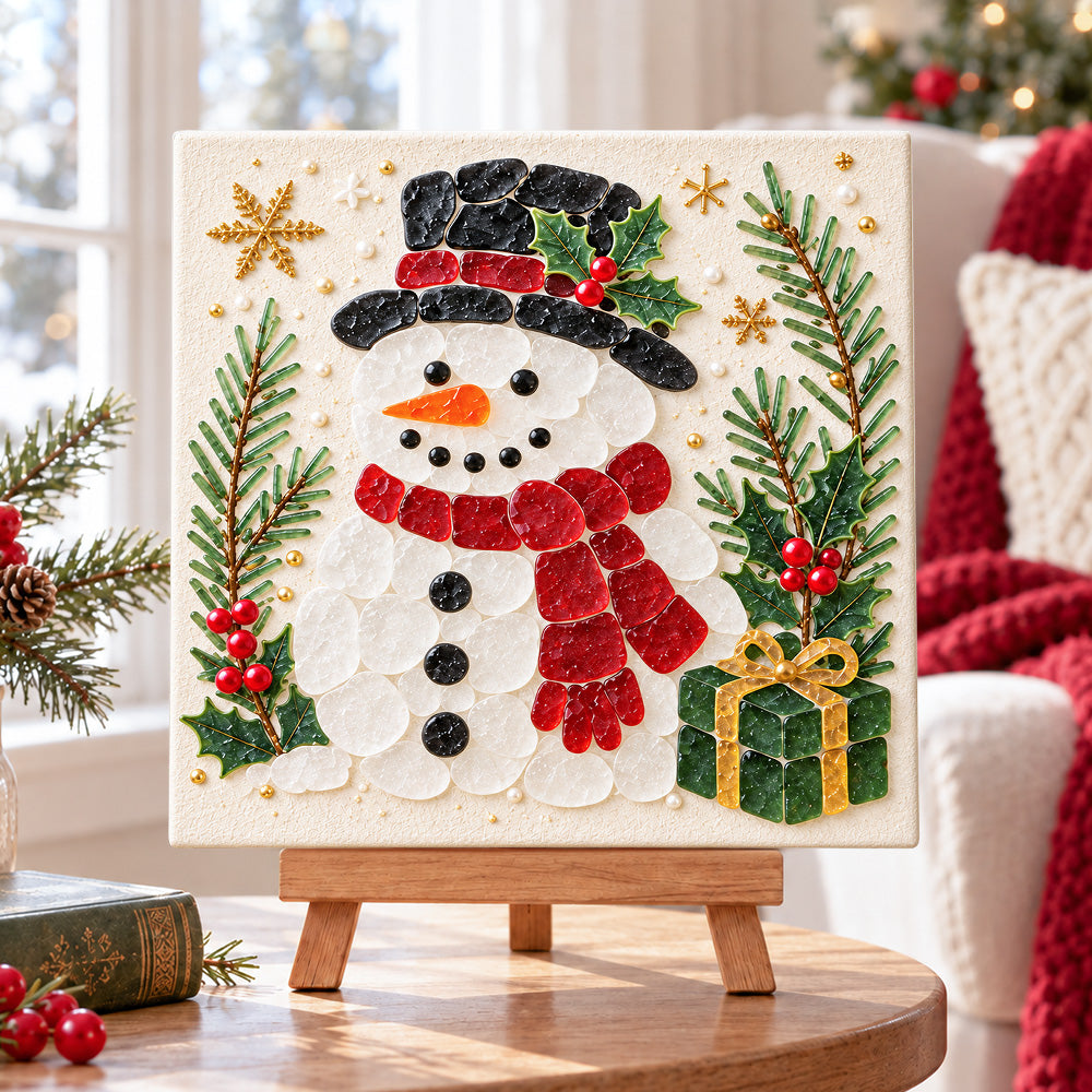 Cute snowman sea glass art kit displayed as seasonal home decor