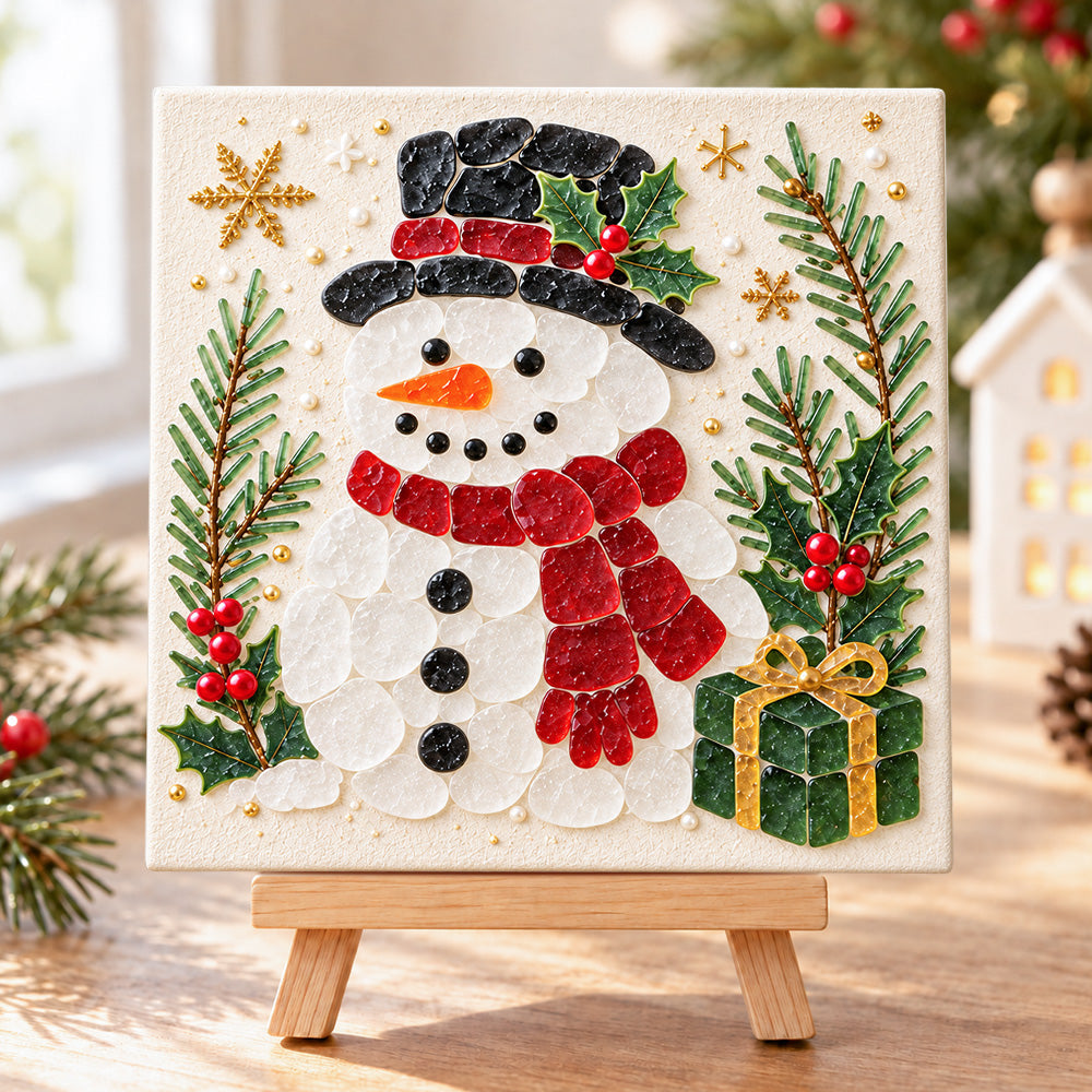 Cute snowman sea glass art kit finished artwork on display