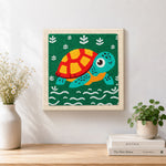 Finished cute swimming sea turtle artwork displayed on a wall