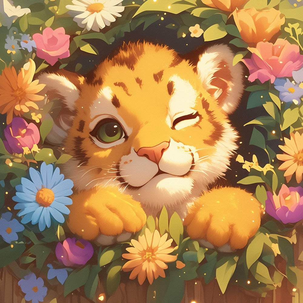 Cute tiger cub hiding in blooms cross stitch kit for beginners