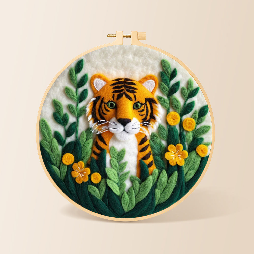 Cute tiger cub in the jungle needle felting kit for beginners with a round wooden frame