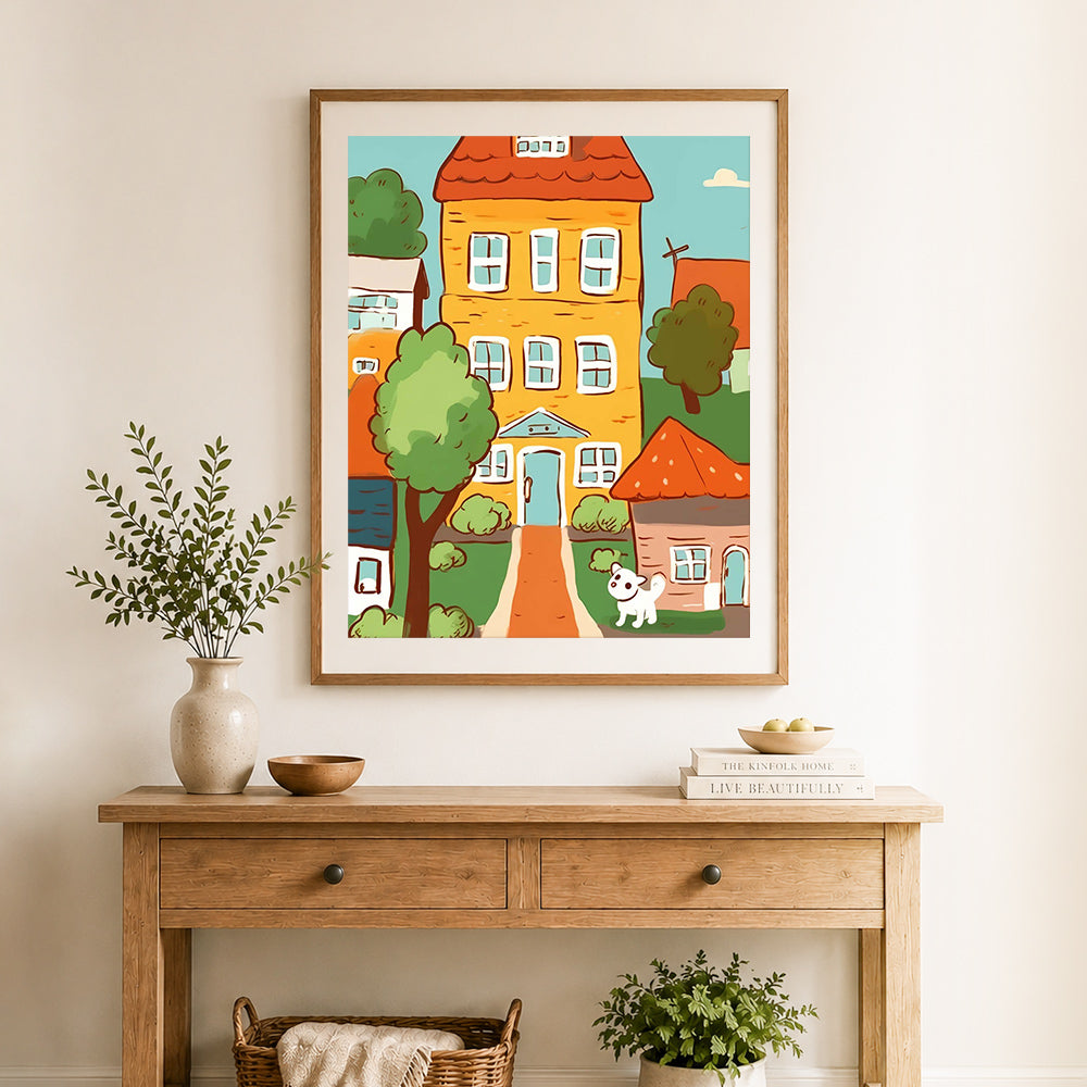 Finished cute town cottage cross stitch artwork displayed as home decor