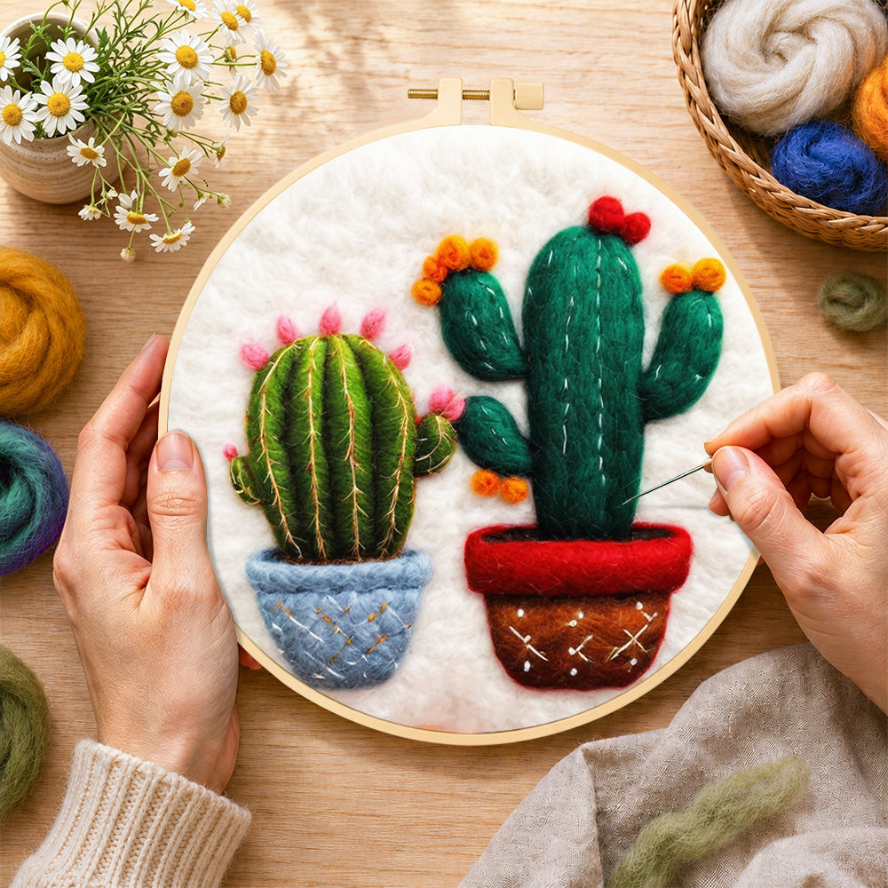 Creating the cute twin potted cacti wool painting by hand with a felting needle
