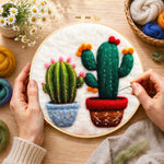 Creating the cute twin potted cacti wool painting by hand with a felting needle