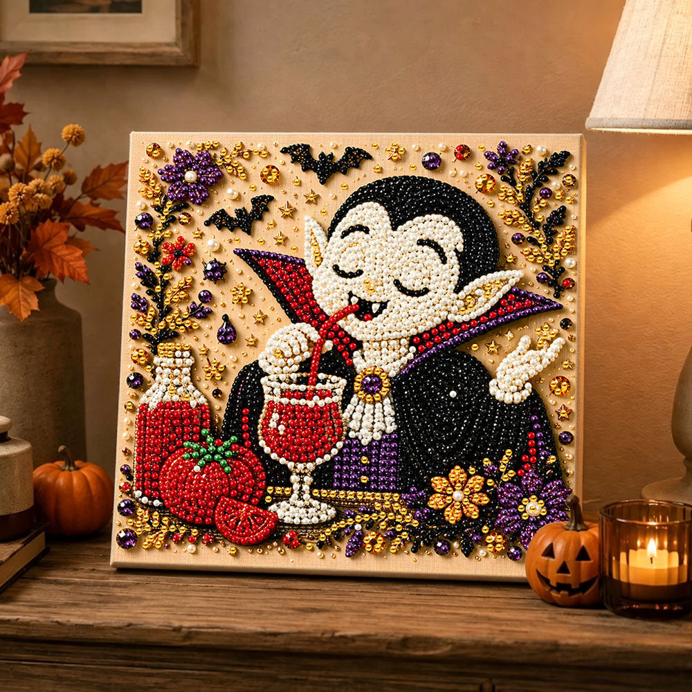 Finished cute vampire drinking pearl diamond painting artwork displayed as holiday home decor