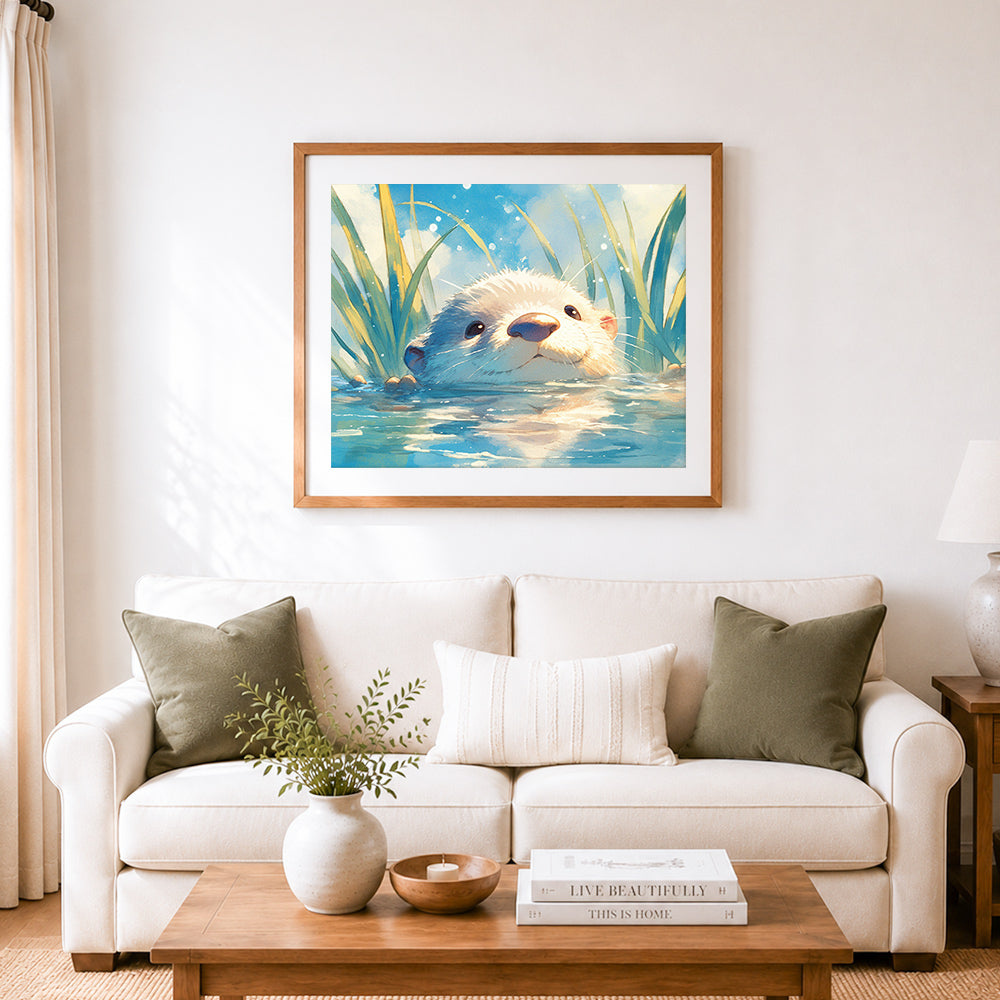 Finished cute water otter cross stitch artwork displayed as home decor