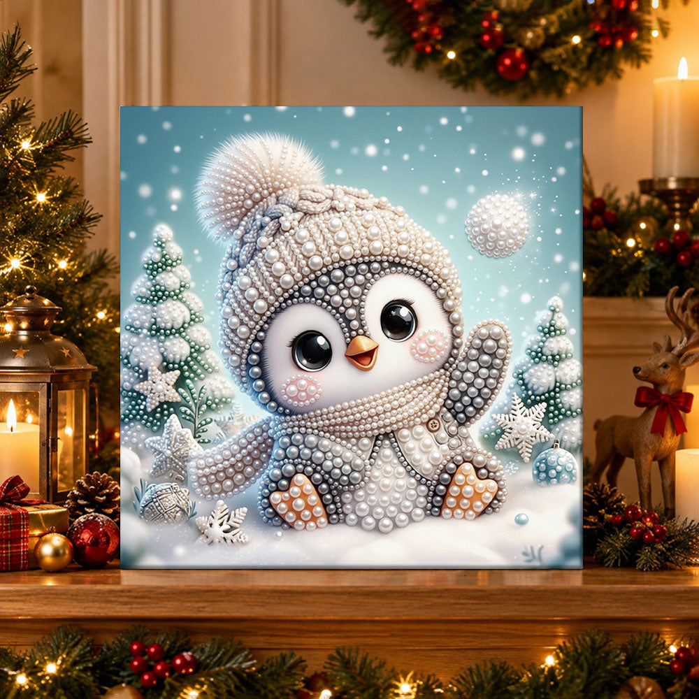 Finished cute winter penguin pearl diamond painting artwork displayed as holiday home decor