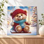 Finished cute winter teddy bear on swing pearl diamond painting artwork displayed as holiday home decor