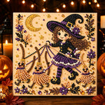 Cute witch and broom puppets pearl diamond painting kit for beginners