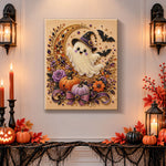 Finished cute witch ghost with crescent moon pearl diamond painting artwork displayed as holiday home decor