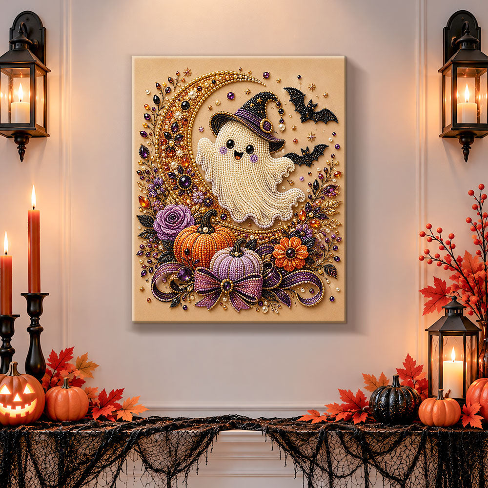Finished cute witch ghost with crescent moon pearl diamond painting artwork displayed as holiday home decor