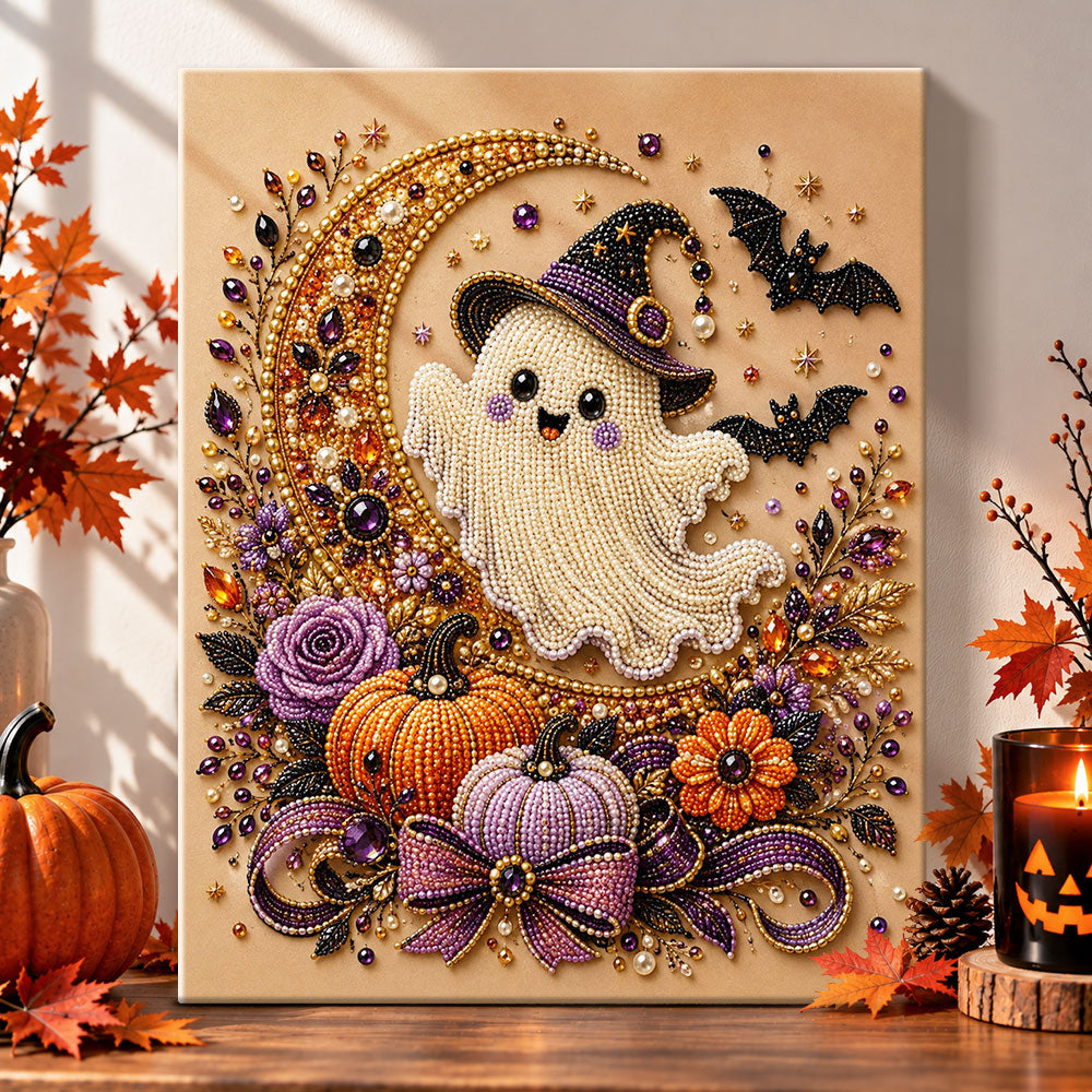 Cute witch ghost with crescent moon pearl diamond painting kit for beginners