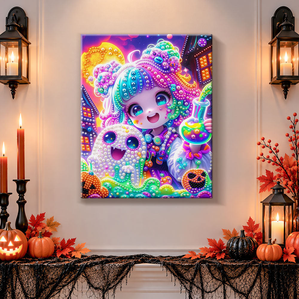 Finished cute witch girl making potion pearl diamond painting artwork displayed as holiday home decor